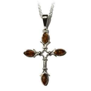  Sterling Silver Honey Amber Gothic Cross Pendant: Jewelry