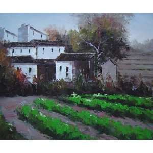 Green Vegetable Field Near a Farm Village Oil Painting 20 x 24 inches 