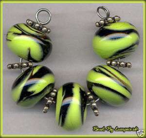 Black And Green Swirl Lampwork Beads Handmade Bead Set  