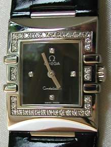 OMEGA diamond w/ black patent leather band CONSTELLATION QUADRA WATCH 