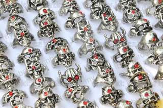 30X wholesale jewelry lots platinum p red crystal Skeleton skull rings 