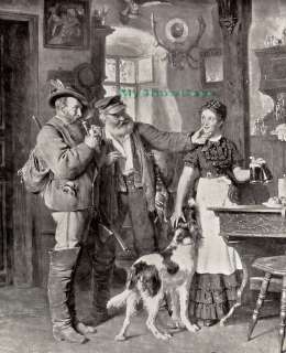   GRUTZNER Print Victorian Hunter Gun Dog Pub Beer Drinking Barmaid