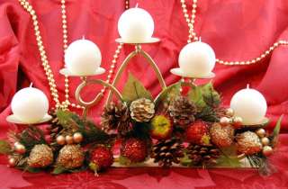   with pine cones, shimmering fruit & 5 round cream colored candles