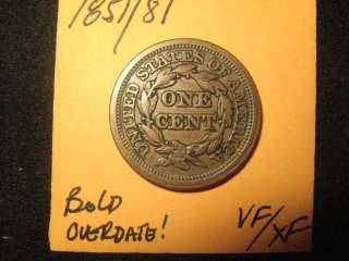 1851/81 BOLD OVERDATE VF/XF QUITE SCARCE BRAIDED HAIR LARGE CENT 