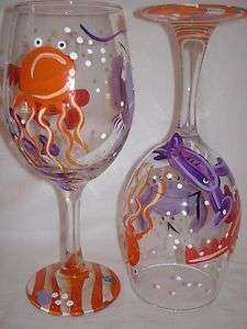 Hand Painted Orange and Purple Underwater Wine Glasses #1 seller 