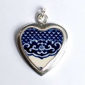 Broken China Jewelry Blue Willow Crest Sterling Silver Charm  