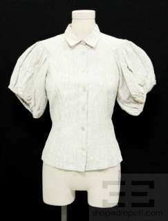   Beige & White Linen Button Up Gathered Short Sleeve Top Size 40  