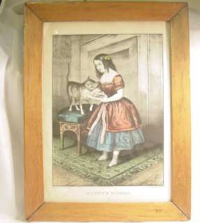 Currier and Ives Colored Lithograph KITTYS DINNER Girl and Cat  