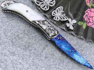 HANDMADE CUSTOM FOLDING KNIFE*MOSAIC DAMASCUS:WHITE PEARL(e1d)MOPS 