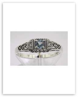 Sterling Silver Blue Topaz / Diamond Filigree Ring   Size 6  
