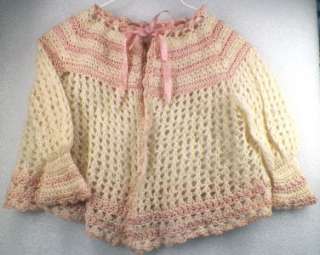 Adorable Little Girls IVORY & PINK CROCHETED SWEATER Vintage 1950s Era 