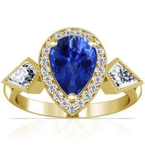   14K Yellow Gold Pear Cut Blue Sapphire Ring With Sidestones Jewelry
