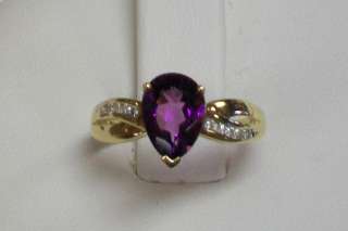   Gold Pear Shape Natural Amethyst Ring with Channel Set Diamond Sides