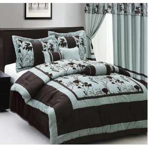   Flocking Floral Bedding Comforter Set Bed In A Bag Queen Aqua/Brown