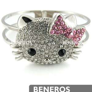   Crystal Hello Kitty Silver Bangle Bracelet Pink Bow 3D Lovely  