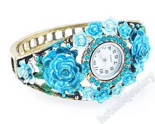Blue Cuff Flower Bangle Bracelet Watch Rhinestone Crystal B46 7  