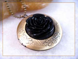 Lovely Black Cameo Rose Brass Locket Pendant Necklace  