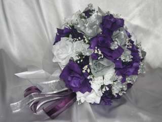 Bridal Bouquet Package Purple Silver Round Wedding Decorations Pew 