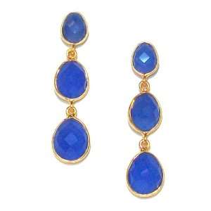   18k Gold Plated Faceted Blue Chalcedony 3 Tier Post Dangle Earrings