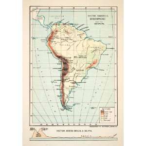 1913 Lithograph South America Orographical Central Map Caribbean Sea 