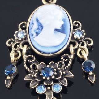N287C Dainty Flower Lady Blue Crystal Victorian Style Pendant Necklace 