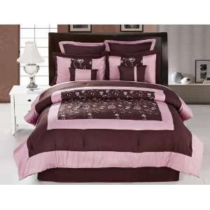   Coffee and Pink Embroidered Comforter Bedding Set: Home & Kitchen