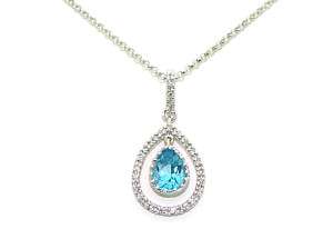   14kt White Gold .85ct Blue Topaz Diamond Dangle Drop Pendant Necklace