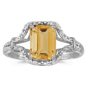  Emerald Cut Citrine and Diamond Cocktail Ring 14k White 