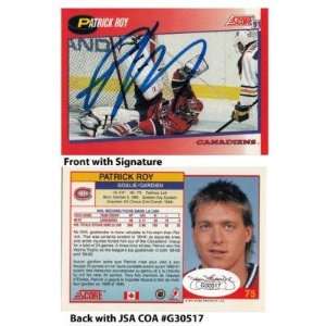 Patrick Roy Signed 1991 Score #75 Montreal Canadiens Trading Card JSA 