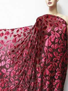 Luxury Burnout Faux silk Velvet Fabric Wine Red Leaves motif by the 