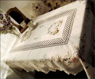 Hand Ribbon Embroidered Flower Crochet Table Cloth L  