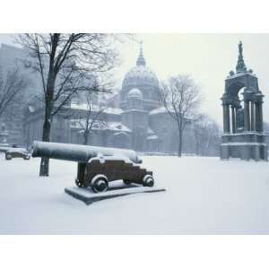  Snow Covered Canon and Tower in Park in Peaceful Montreal 