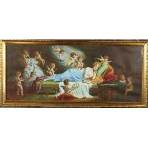  Color Lithograph Framed Woman Angels Venus Cupid Paper