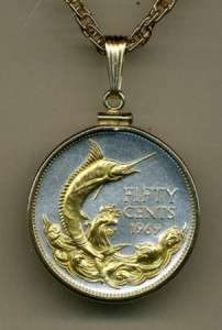 Gold/Silver Coin Pendant/Necklace, Bahamas 50 Cent Blue Marlin 