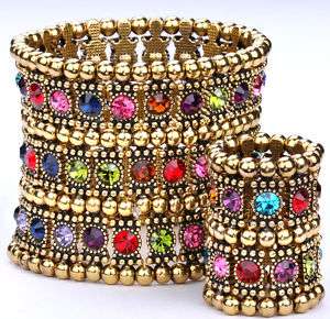 Gold multi crystal stretch bracelet ring set 3 row A1  