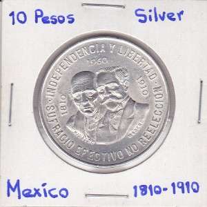 Banco de Mexico: $ 10 Pesos Silver Coin Hidalgo y Madero 1960.  