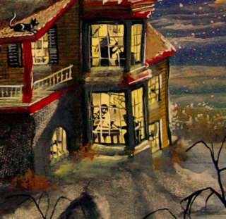 Folk Art HALLOWEEN Haunted House Hill Top Fog Witches Skeletons Byrum 