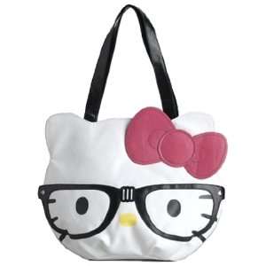   White Die cut Nerd Face with Glasses and Large Pink Bow Tote Bag Purse
