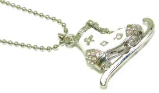 CRYSTAL SMALL 3D ICE SKATE WHITE BOOT SILVERTONE METAL NECKLACE  