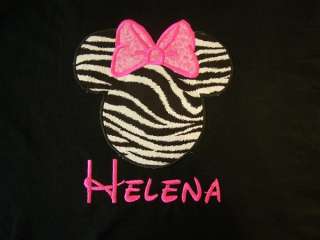 Personalized Custom Minnie Mouse Zebra Print Hot Pink Bow Black Shirt 
