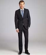 Prada navy tonal stripe wool two button suit with flat front pants 