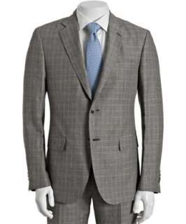 Etro tan plaid ramie cotton 2 button suit with flat front pants 