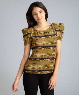Geren Ford golden yellow striped silk open shoulder blouse