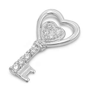  Sterling Silver & CZ Double Heart Key Pendant Jewelry