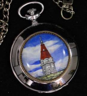 Russian Pocket Watch MOLNIJA #0128 hand painted painted enamel CHURCH 