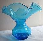 bischoff hand crafted blue art glass vase ruffled scalloped bulbous