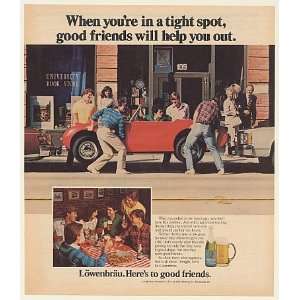   Friends Help Lift Car Lowenbrau Beer Print Ad (49687)