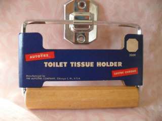 Vintage 50s NOS Chrome Toilet Paper Tissue Holder AUTOYRE Wooden 