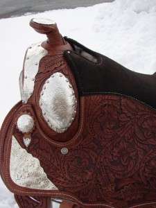 15 MEDIUM OIL LEATHER WESTERN horse SADDLE TRAIL BROWN LOADED SILVER 