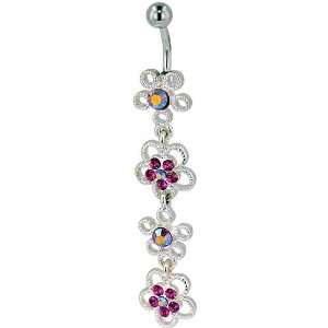  Belly Button Rings Pink Gem Flowers Dangle Navel Rings 